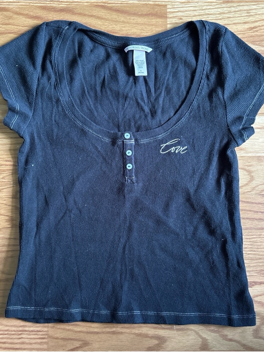 Victoria's Secret Black Ribbed Henley with 'Love' Script